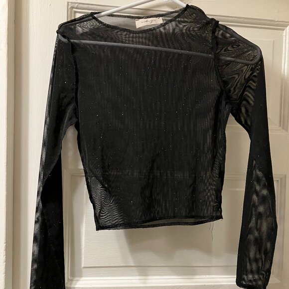 Tops - Sparkly Black Mesh Audrey 3+1 Long Sleeve Top